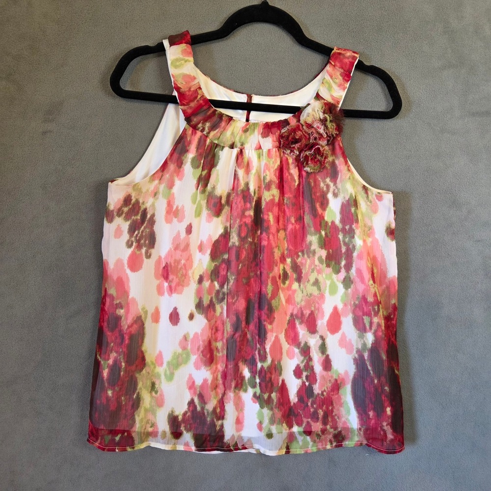 AB Studio Floral Tank Top Women's Medium Abstract Rosette Boho Coquette Office